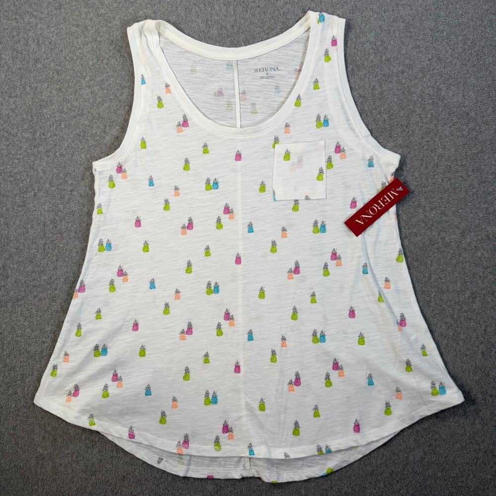 Merona Women's M White Pineapple Print Tank Top Sleeveless Scoop Neck Pocket NWT